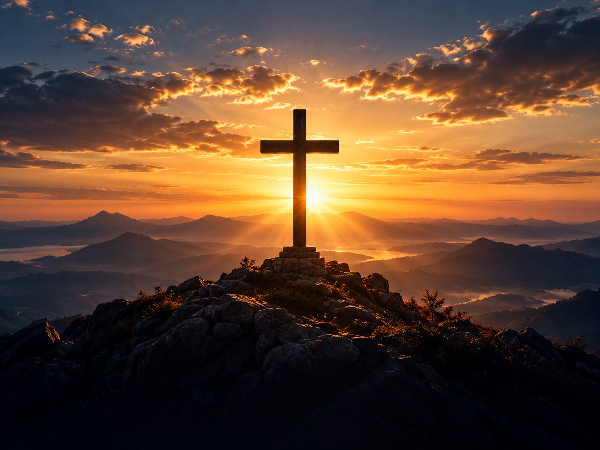 A cross on a mountain top at golden sunrise