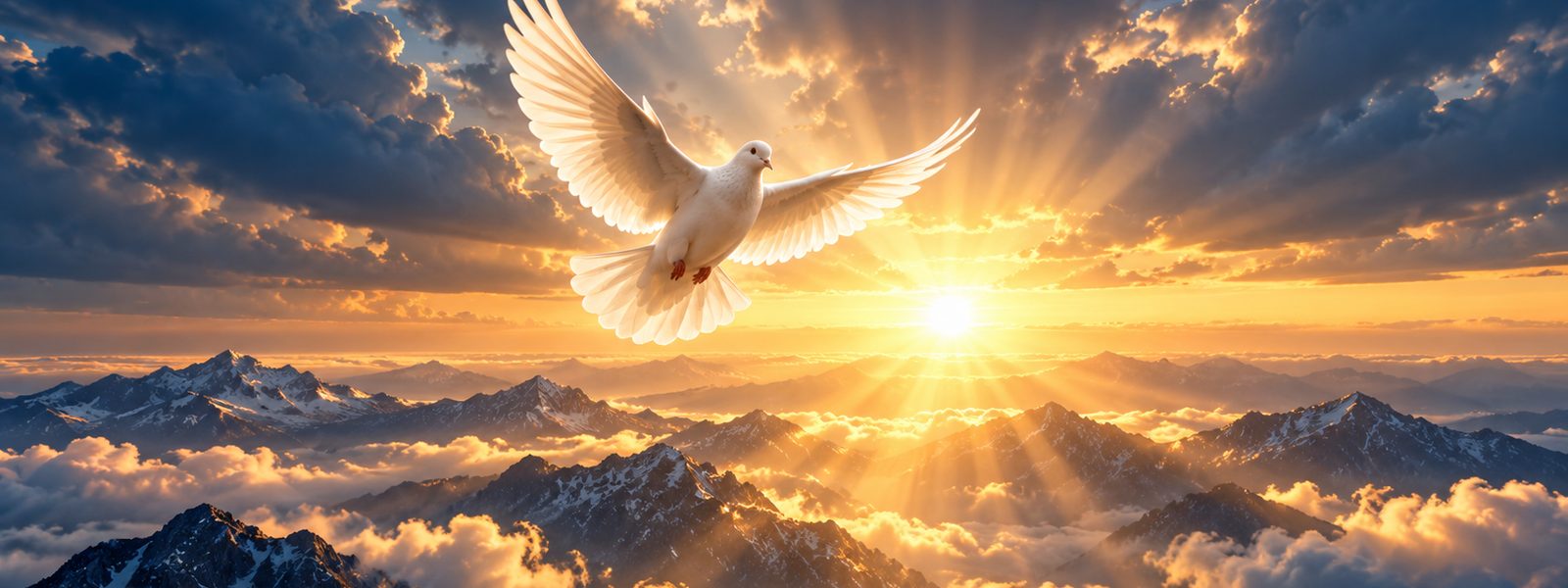 A white dove flying over golden mountain peaks at sunrise