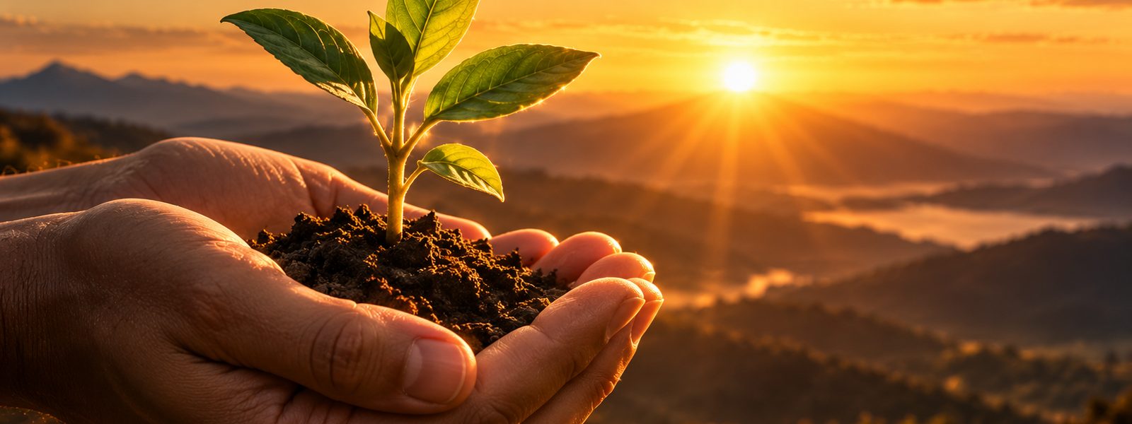 A small seedling growing in open hands at sunset